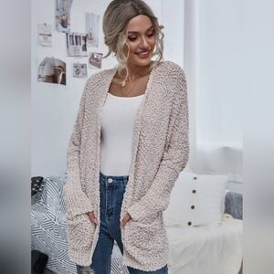 Chunky Open Knit Cardigan Oatmeal Cream Sweater Size M Loopy Cb-1123